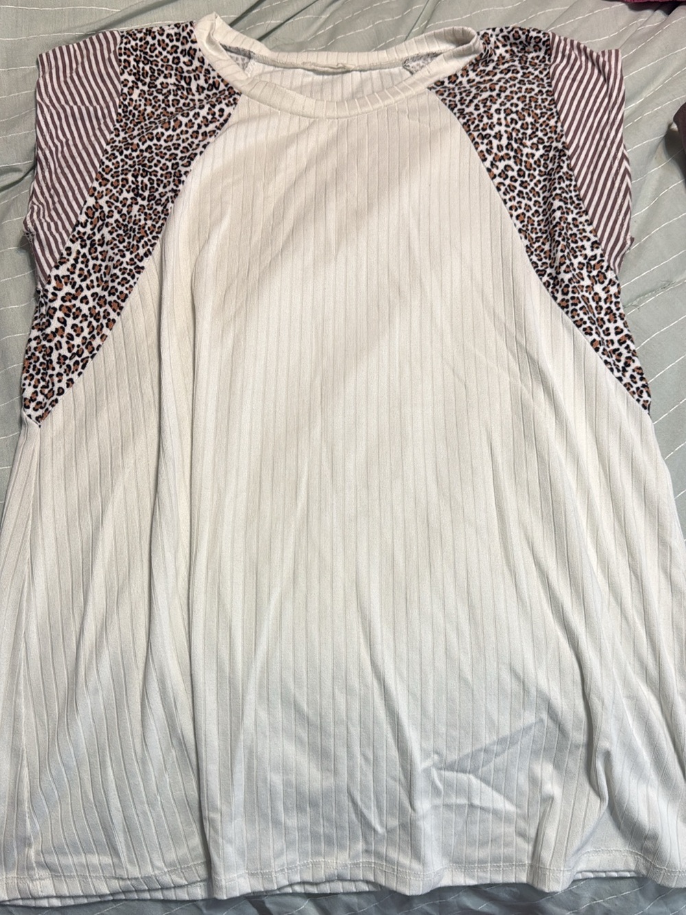 Womens White Ribbed Raglan Top with Leopard & Stripe Accents